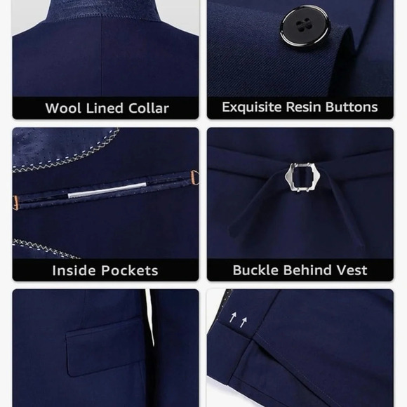 NWT Men's 3 Piece Slim Fit Suit Set, One Button Solid Jacket Vest Pants with Tie - Picture 7 of 8